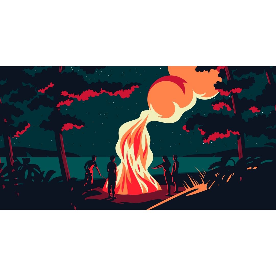 Illustration of a group of silhouetted people standing around a large campfire at night in a dark forest near water.