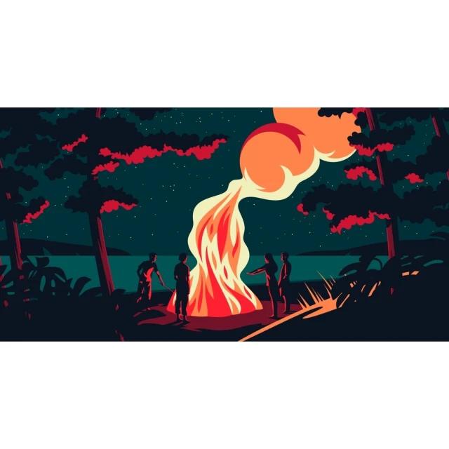 Illustration of a group of silhouetted people standing around a large campfire at night in a dark forest near water.