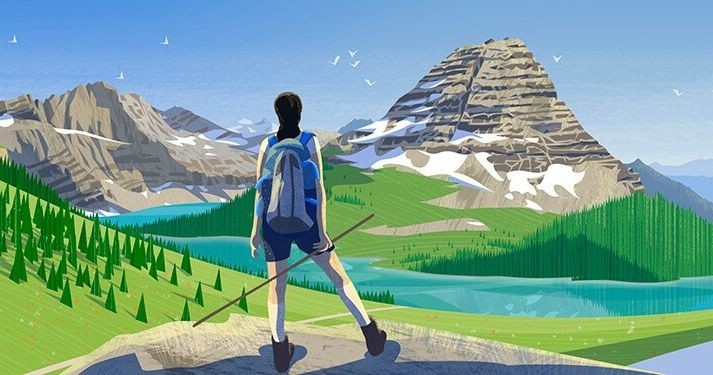Illustration of a lone hiker with a backpack looking out at mountains and a lake on a sunny day with scattered clouds in the sky.