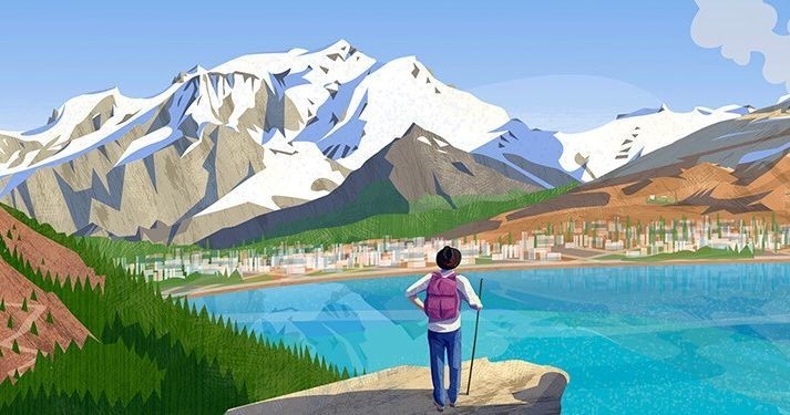 Illustration of a person with backpack standing on a hill overlooking a lake, town, and snowy mountains in the background.