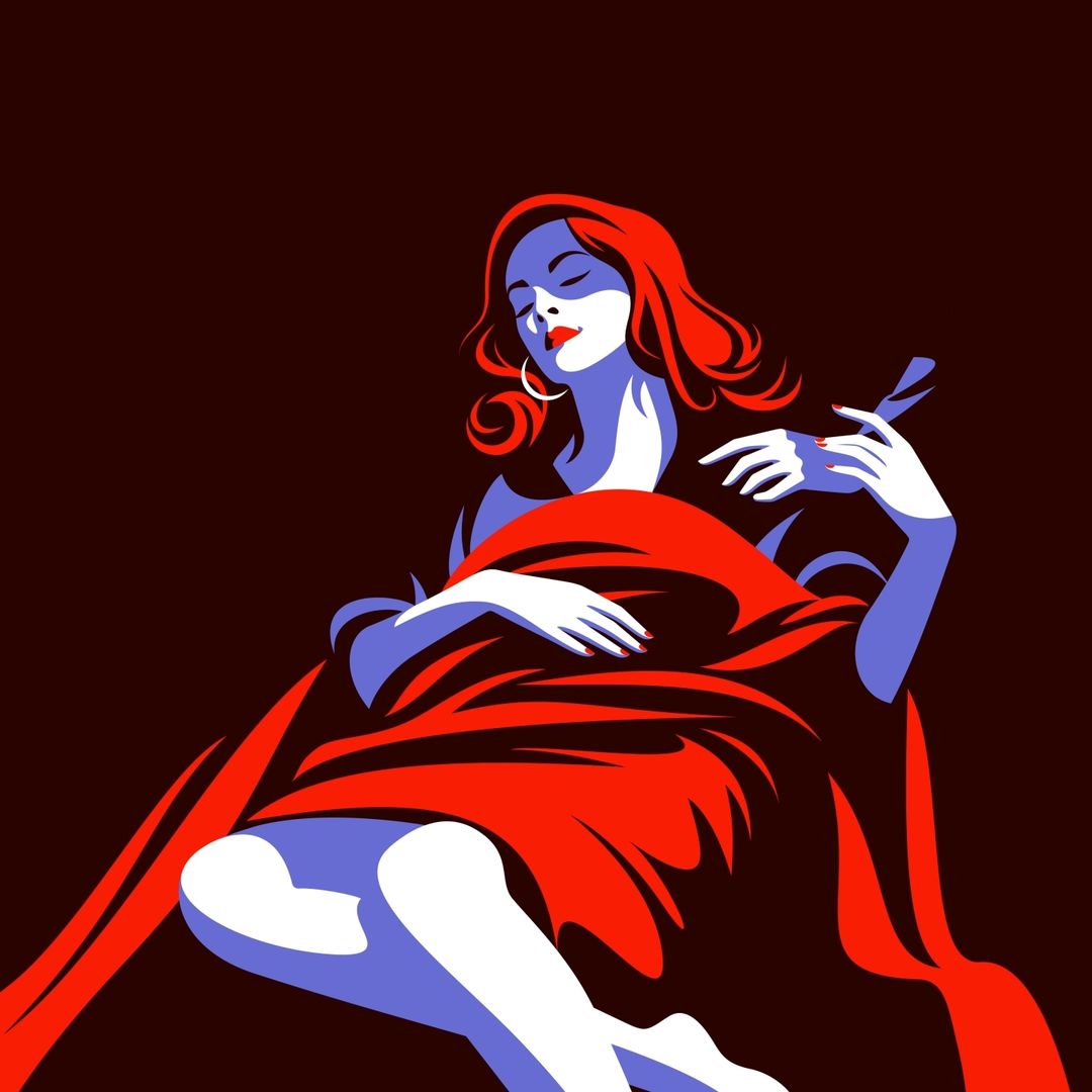 Illustration of a seated woman with red hair and a red dress, rendered in a bold, graphic style against a dark background.