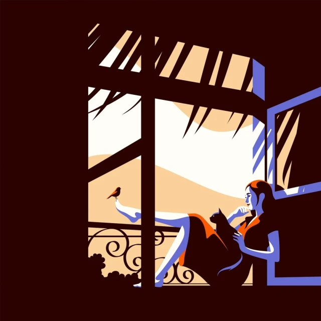 Illustration of a woman sitting on a balcony with a cat and bird, rendered in bold colors, stylized lines, and geometric shapes.