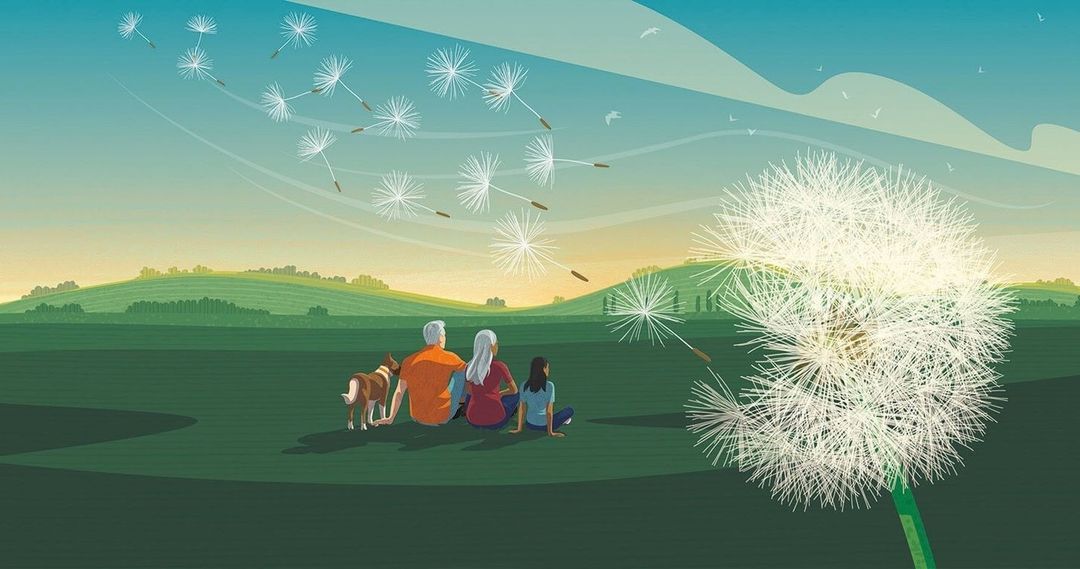 Illustration of a family, including two elderly adults, child, and dog, seated in a field beneath a sky with dandelion seeds floating.