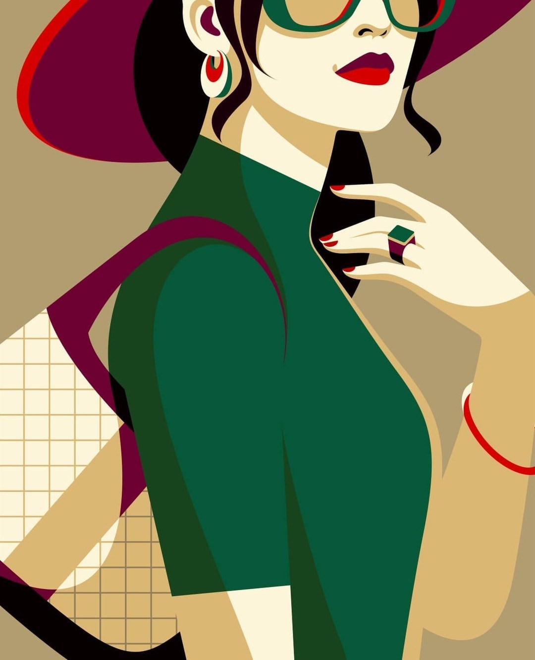Illustration of a stylish woman in a green dress, sunglasses, and a burgundy hat carrying a shoulder bag against a neutral background.