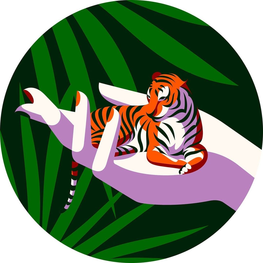 Illustration of a tiger cub lying on a human hand in front of green palm fronds, stylized in a round graphic.