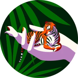 Circular vector illustration of a tiger resting on a stylized hand against a green palm leaf background.
