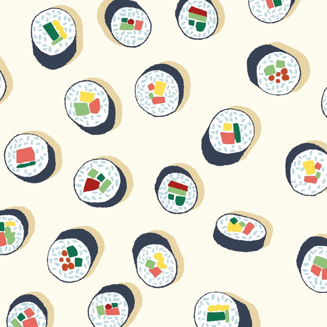 Seamless pattern of sushi rolls with various fillings on a light beige background, creating a vibrant and appetizing surface design.