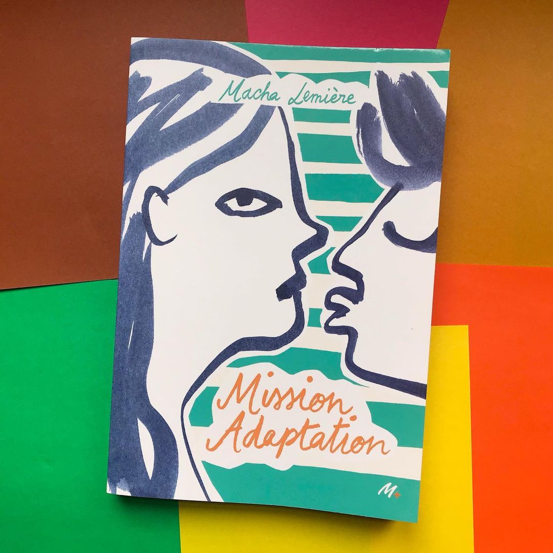 Book cover featuring an illustration of two stylized faces with blue and green stripes, titled 'Mission Adaptation' by Macha Lemiere.