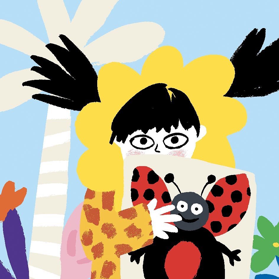 Illustration of child in flower hat holding a ladybug drawing; black hair, light skin, white background, blue sky, green and purple plants.