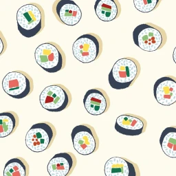 An illustrated pattern of sushi rolls with visible rice and fillings on a pale background by Jeanne Boyer