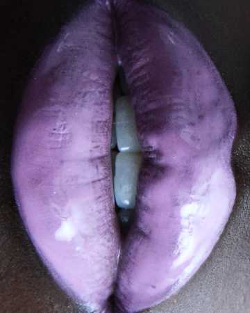 Extreme close-up of glossy purple lips slightly parted to reveal white teeth, photographed in Paris by Jeanne Lucas.