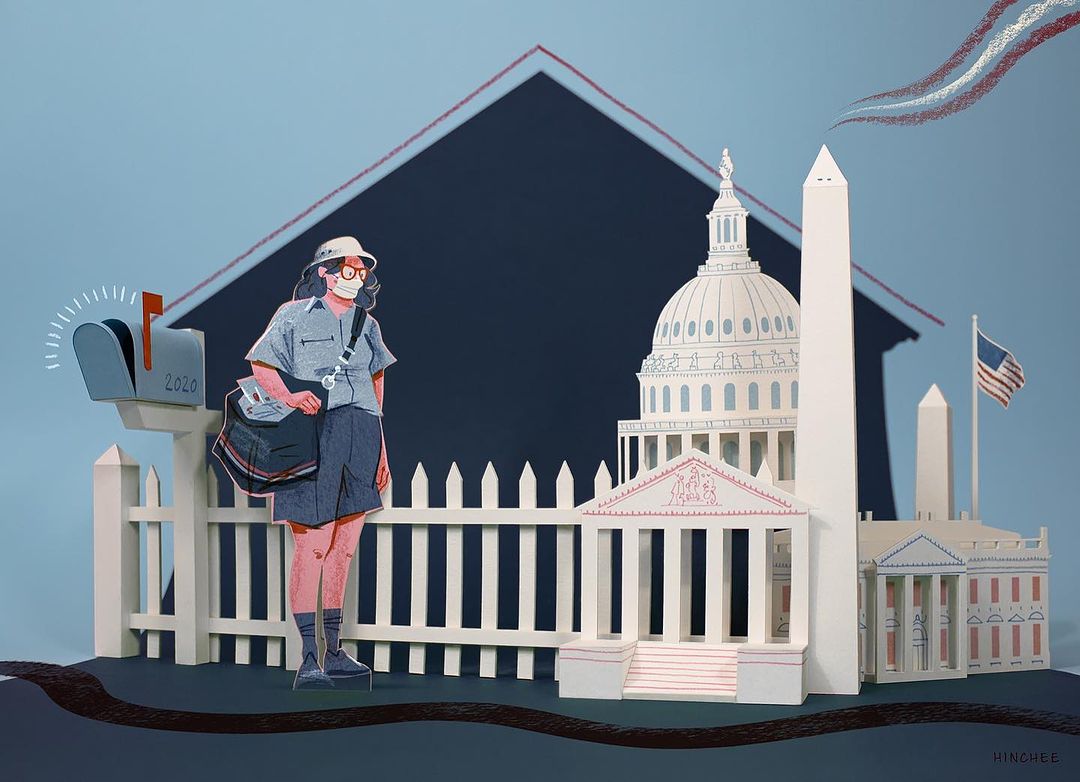 Illustration of a postal worker near mailboxes and Washington, D.C., monuments made from paper in front of a blue background.