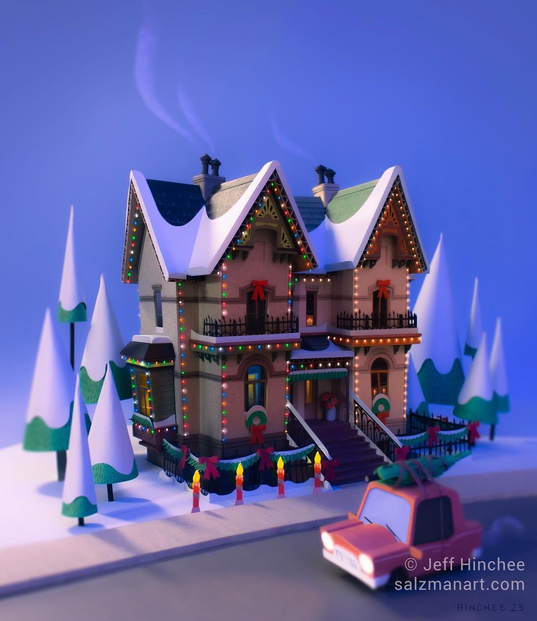 Illustration of a decorated two-story house with Christmas lights, snow-covered trees, and a car with a tree on the roof.