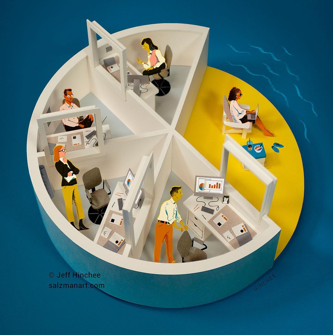 Illustration of an office diorama with paper cutouts of employees working in cubicles, except for one employee on a beach.
