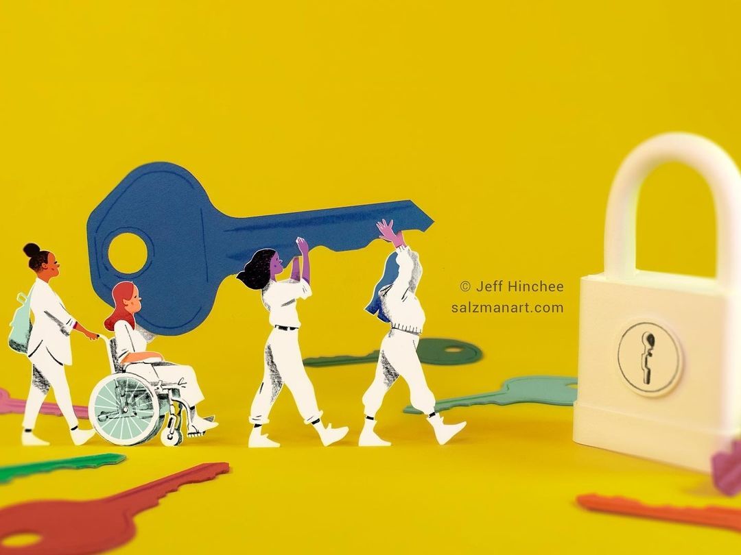 Illustration of four diverse women, one in a wheelchair, carrying a large blue key toward a white lock on a yellow background.