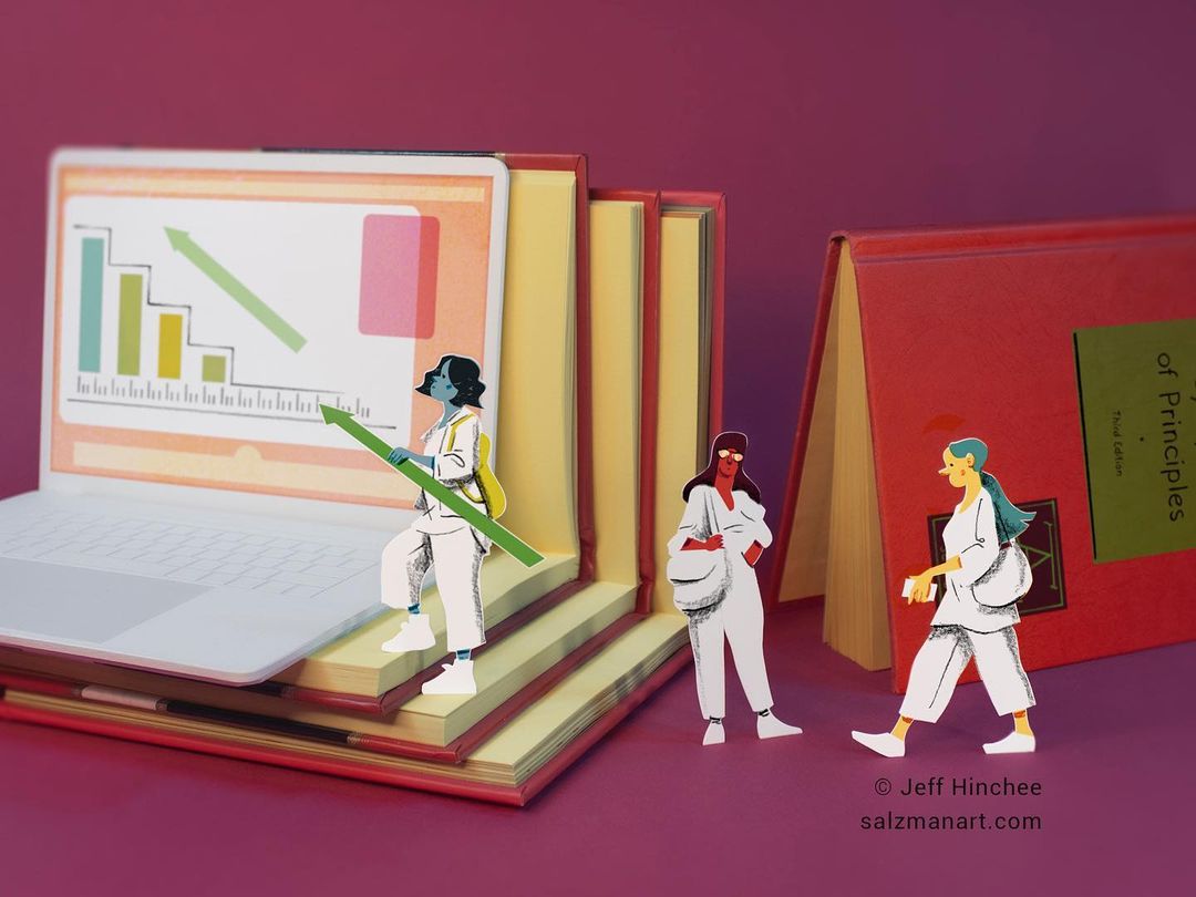 Illustration of figures walking on books and a laptop displaying a financial graph, with a background of a gradient magenta backdrop.