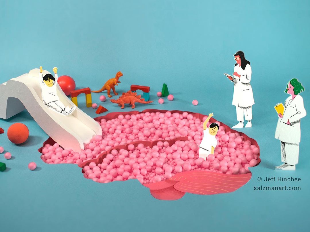 Stylized illustration featuring children playing in a pink ball pit shaped like a brain, attended by doctors on a light blue background.
