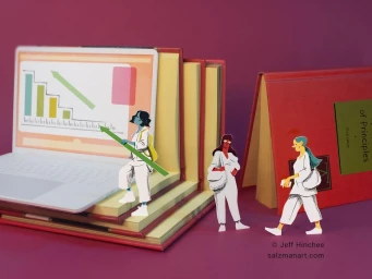 Papercraft illustration of three paper figures interacting with open books and a laptop displaying a growth chart