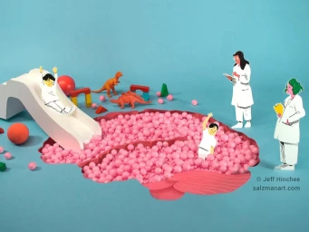 Papercraft illustration of children playing on a slide and in a pink ball pit watched by two figures in white coats.