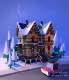 An illustrated winter scene with a decorated two-story Victorian house featuring string lights, snow-covered roofs, and a pink car driving past.