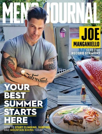 Magazine cover featuring Joe Manganiello in a casual setting, with outdoor cooking visible in the foreground and the 'Men's Journal' logo.