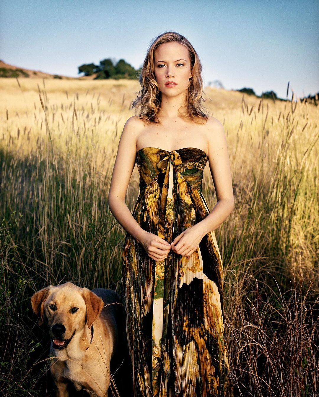 An adult woman in a dress stands in a field of tall grass with a yellow Labrador Retriever dog on a sunny day in a rural environment.