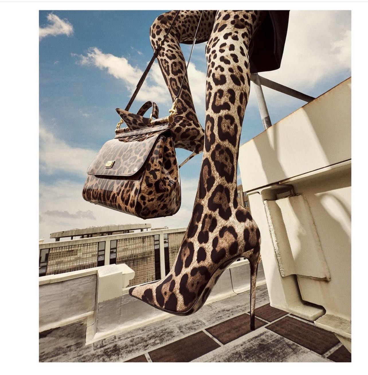 Fashion shot of a woman in leopard print thigh high boots and matching handbag on a rooftop against a blue sky and urban background.