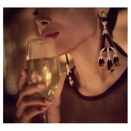 Close-up of a woman holding a glass of white wine wearing elaborate drop earrings by photographer Jeff Stephens