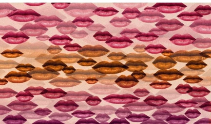 A repeating pattern of diverse lips in shades of pink, red, and nude on a textured pale background.