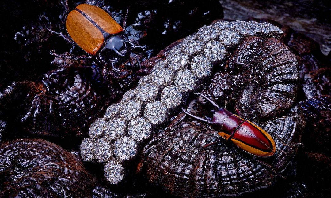 Close-up showcasing a diamond bracelet surrounded by two stag beetles with brown and red shells, resting on a dark, textured surface.