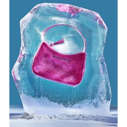 A bright pink handbag frozen inside a large block of textured ice against a solid blue background.