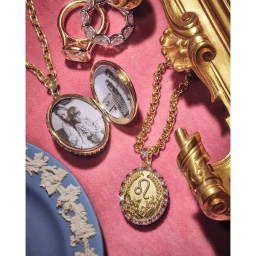 Close-up of gold locket pendants, diamond rings, and a decorative gold frame arranged on a textured pink background.