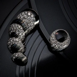 Close-up product photography of pavé diamond rings arranged on a black ribbed textured surface