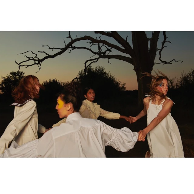 Four young women in dresses are holding hands in a circle in an outdoor setting with trees and a dusky sky. Fashionable poses.