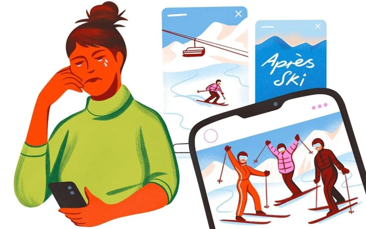 Illustration of a sad woman looking at a smartphone displaying skiers on a mountain; ski resort social media post with 'Après Ski' text.