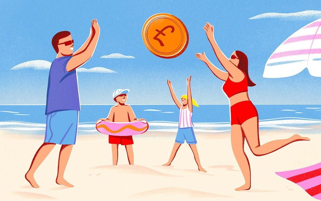 Illustration of family on beach reaching for coin in sky, depicting savings for travel and summer vacation, with sky and sea.
