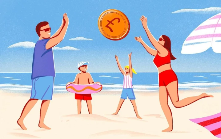 Illustration of family on beach reaching for coin in sky, depicting savings for travel and summer vacation, with sky and sea.