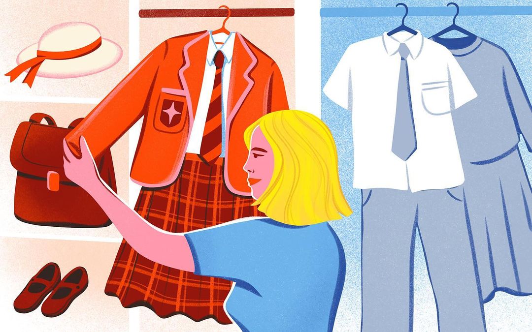 Illustration of a fair-skinned woman with blond hair, selecting a school uniform from a closet with a blazer, skirt, and shoes.