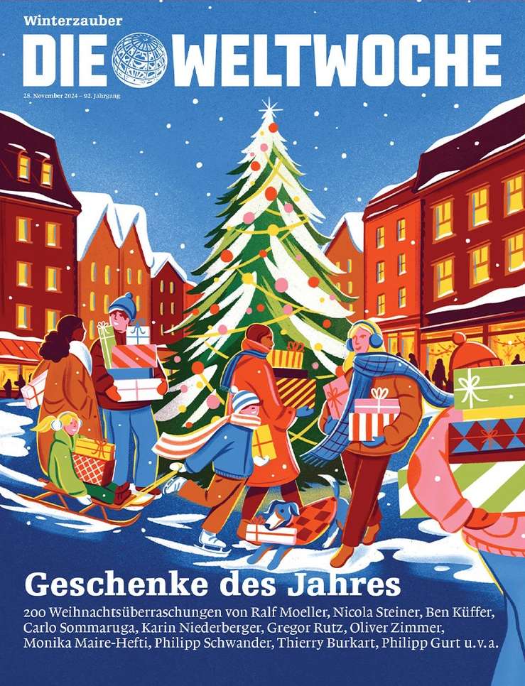Illustrated magazine cover: a group of people hold presents, walking by a decorated Christmas tree on a snowy city street scene.