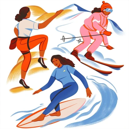 Illustration of three women engaging in outdoor activities: rock climbing, skiing, and surfing against a white backdrop.