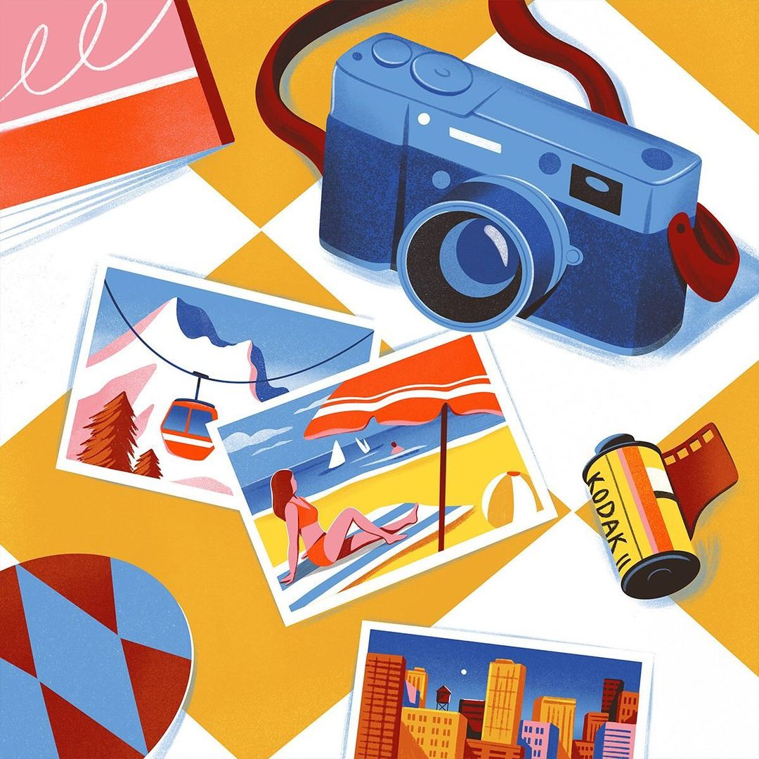 Illustration of a blue camera surrounded by snapshots of a mountain scene, beach scene with a woman, and a city skyline on a yellow and white checkered background.