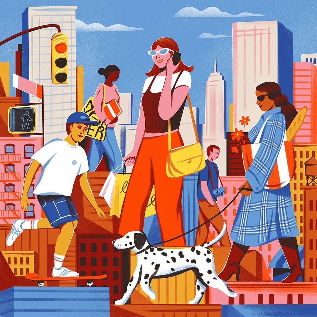 Stylized illustration of a city street scene with pedestrians, including a woman on her phone, a man skateboarding, and a Dalmatian dog.