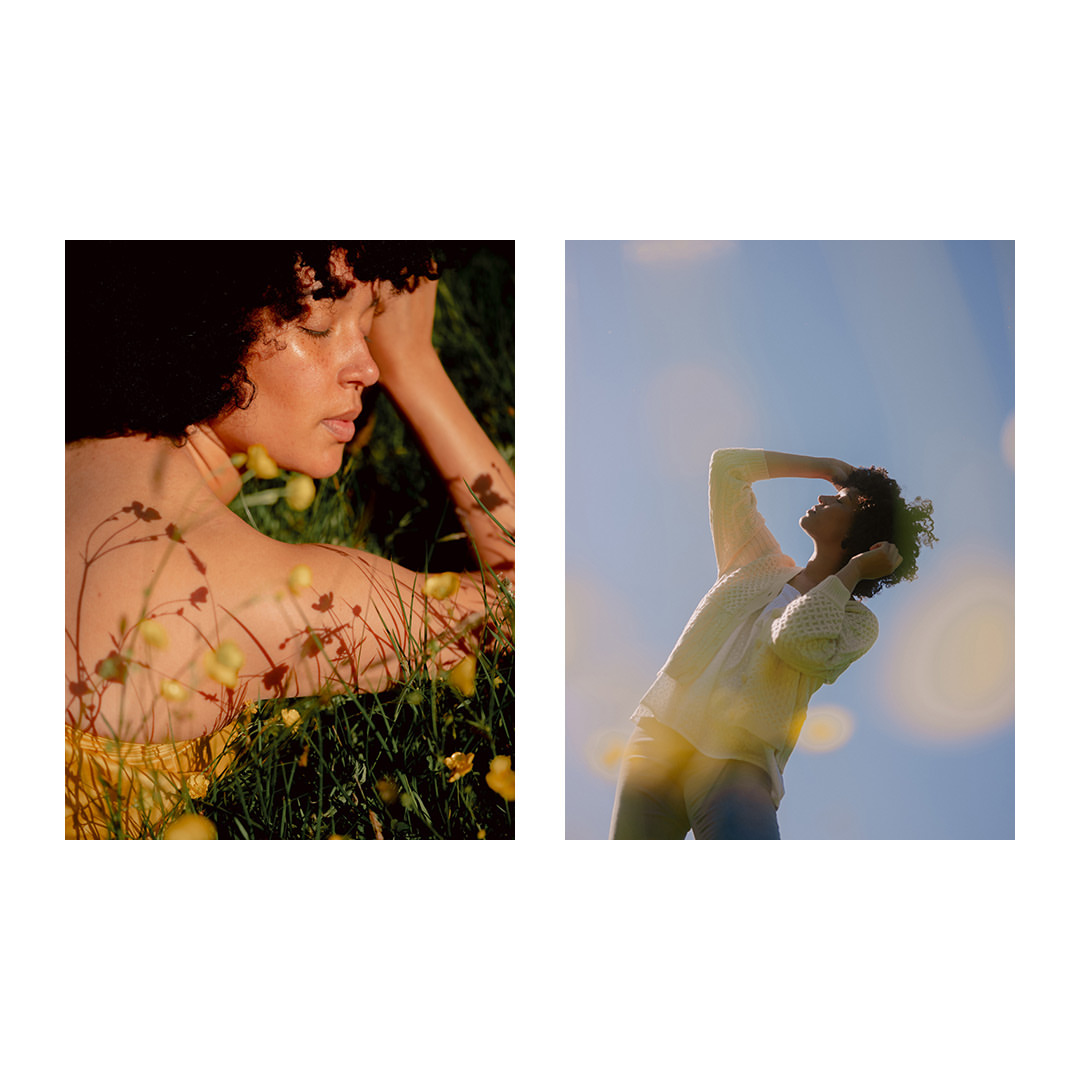 Two portrait images: one of a woman lying in grass with yellow flowers, the other of a woman in white with a blue sky background.