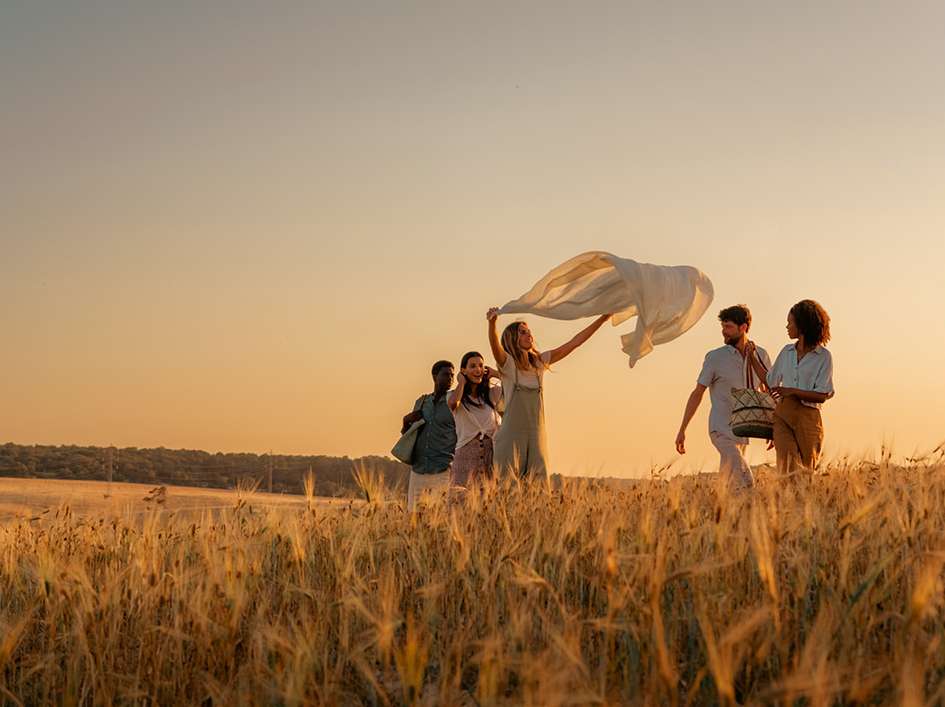 Group of five diverse adults walking through wheat field at sunset, woman holding flowing white fabric, golden hour, idyllic scene.