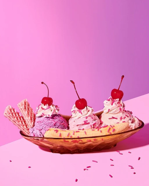 Brightly colored banana split with scoops of ice cream, whipped cream, cherries, and waffle cookies against a pink backdrop. 