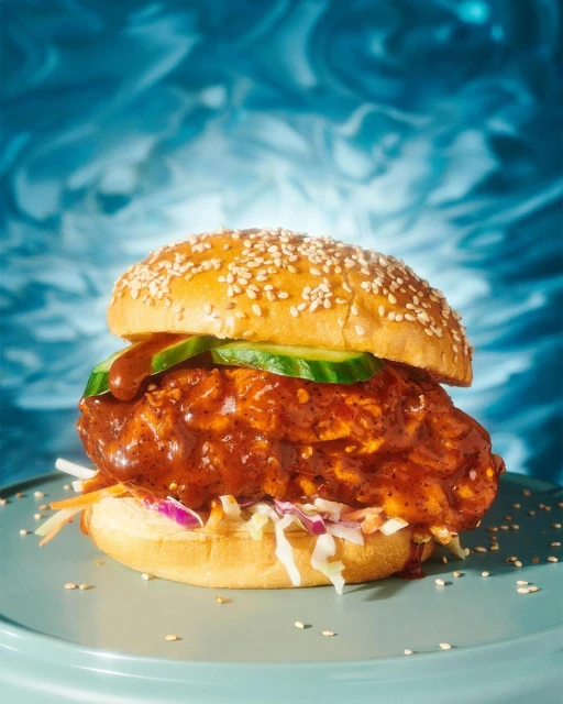 Close-up of a gourmet fried chicken sandwich with fresh toppings, drizzled sauce, and a sesame seed bun, presented against a blue backdrop.