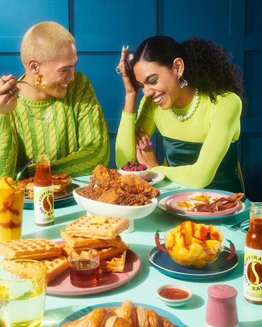 Two people smiling and enjoying a meal of fried chicken, waffles, and fruit, with a bottle of hot sauce on the table.