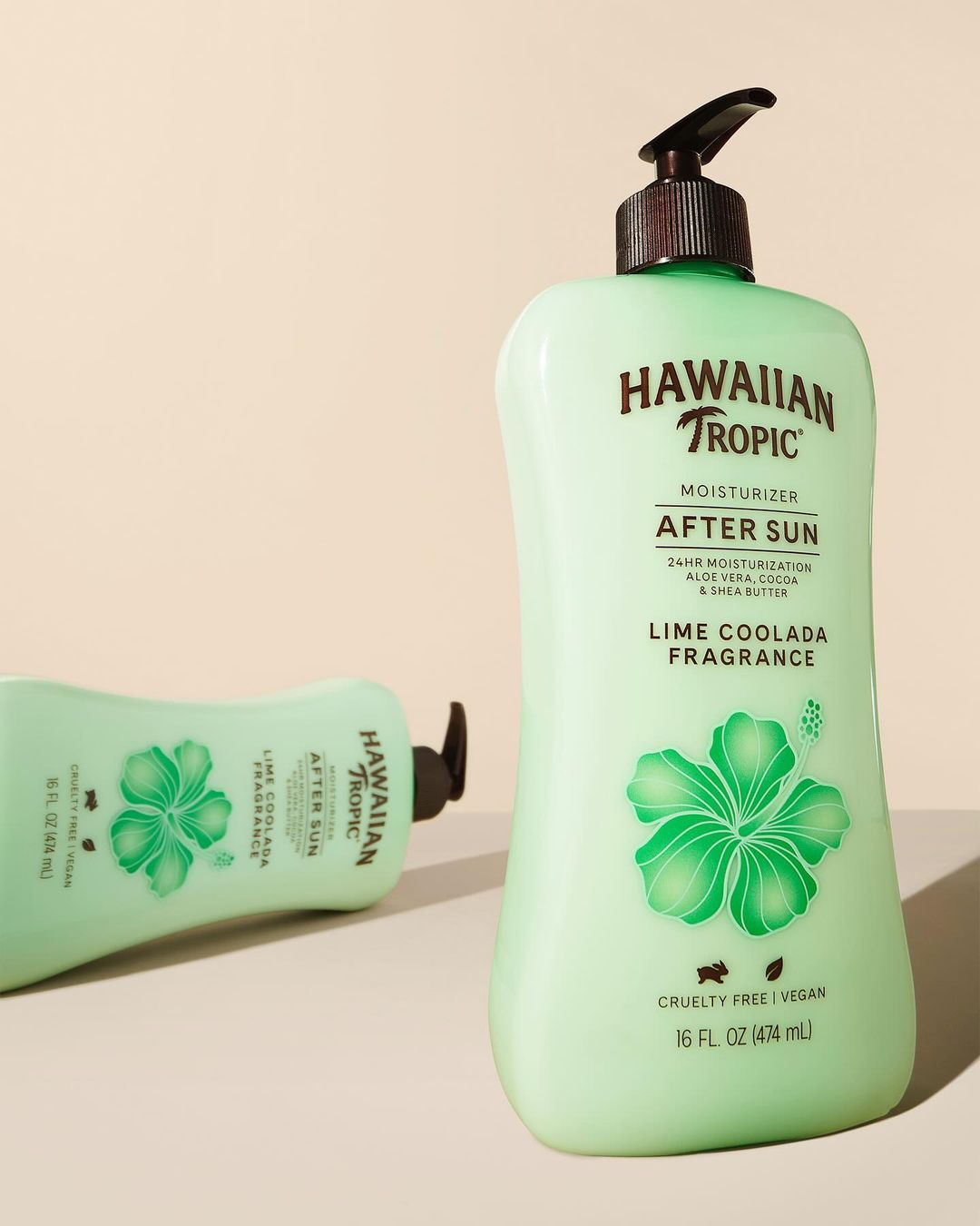Hawaiian Tropic After Sun moisturizer bottle, lime coolada fragrance, cruelty free, vegan, 16 fluid ounces, light green bottle.