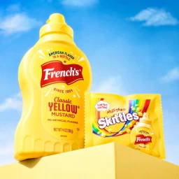 A Frenchs yellow mustard bottle next to a bag of mustard flavored Skittles on a yellow pedestal against a blue sky