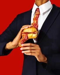 Person in dark suit holding a small sandwich with bacon strips against a vibrant solid red background